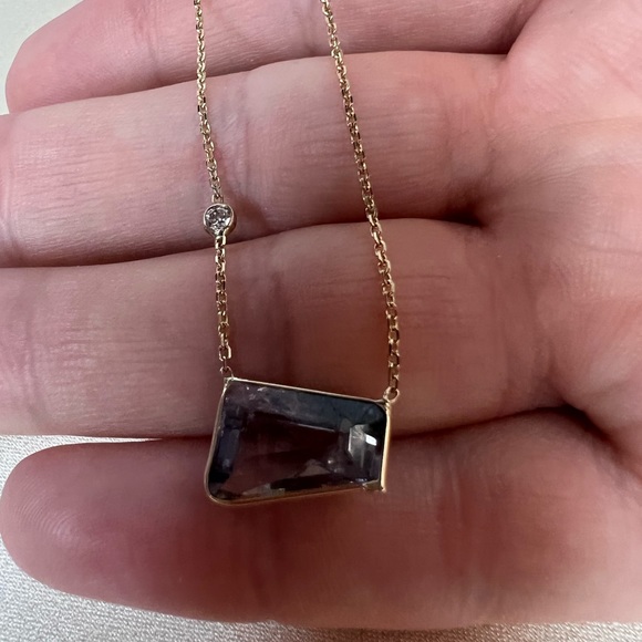 Amazing Purple Green Tourmaline With A Diamond In Solid 14k Yellow Gold 18" - Picture 4 of 9